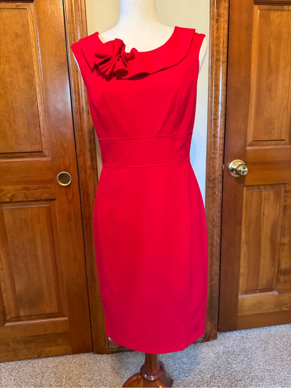 Calvin Klein Red Sleeveless Sheath Dress with Neck Rosette Detail